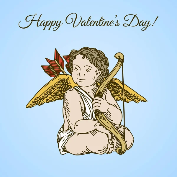 Vintage kaart. Happy Valentine's Day. Zittend Cupid houden een boog. Kleur. — Stockvector