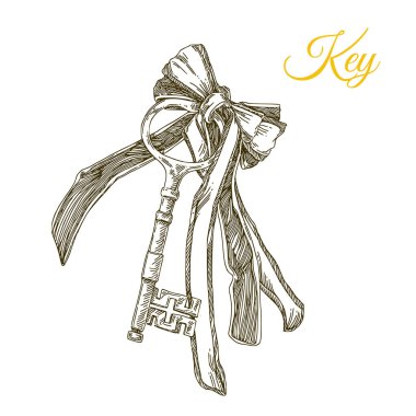 Vintage key with a beautiful big bow.  Black and white clipart