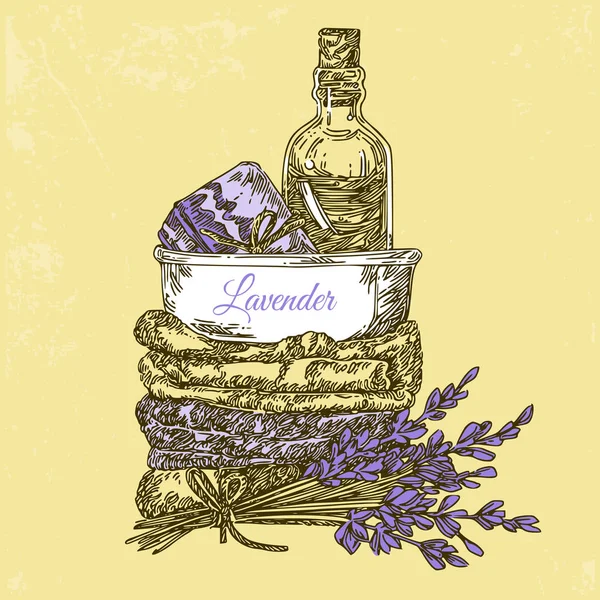 Montón de toallas, lavanda, jabón y aceite . — Vector de stock