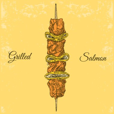 Bir şiş üzerinde ızgara somon ile Vintage kart. 