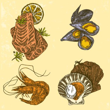 Ayarlamak. Somon, karides, tarak, limon ve midye. Renk