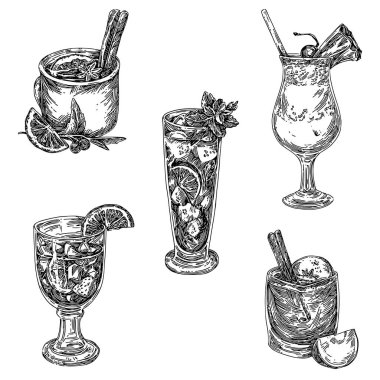 Vintage kokteyl seti. Mulled şarap, Pina colada, mojito, elma şarabı ve sangria.
