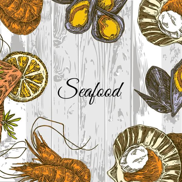 Fondo vintage con mariscos. Salmón, camarones, vieira, limón y mejillones — Archivo Imágenes Vectoriales