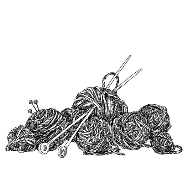Bando de bolas de fios e agulhas de tricô . — Vetor de Stock