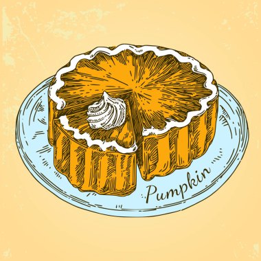 Mavi bir tabak üzerinde bir kesim parçası ile kabak pasta. Renkli kart.