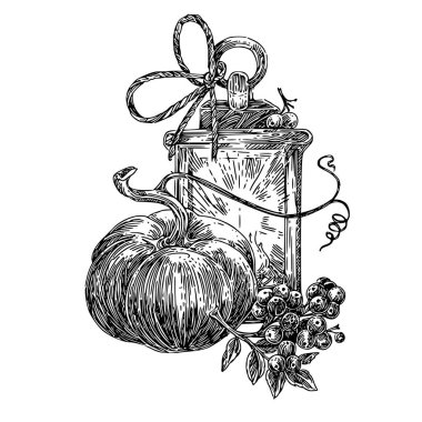 Eski fener, balkabağı ve dal rowan. 