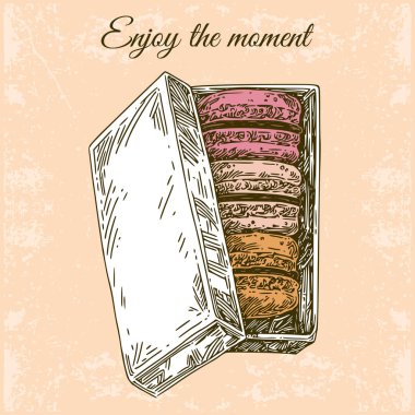 Vintage renkli kart. Anın tadını çıkar. Karton kutuda macaroons.