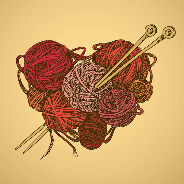 Bolas de lana y agujas de punto. Forma de corazón. Tarjeta de color — Vector de stock