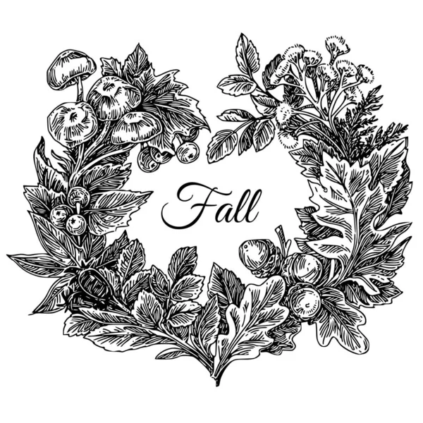 Rahmen aus Herbstblättern, Pilzen Eicheln und Beeren. — Stockvektor