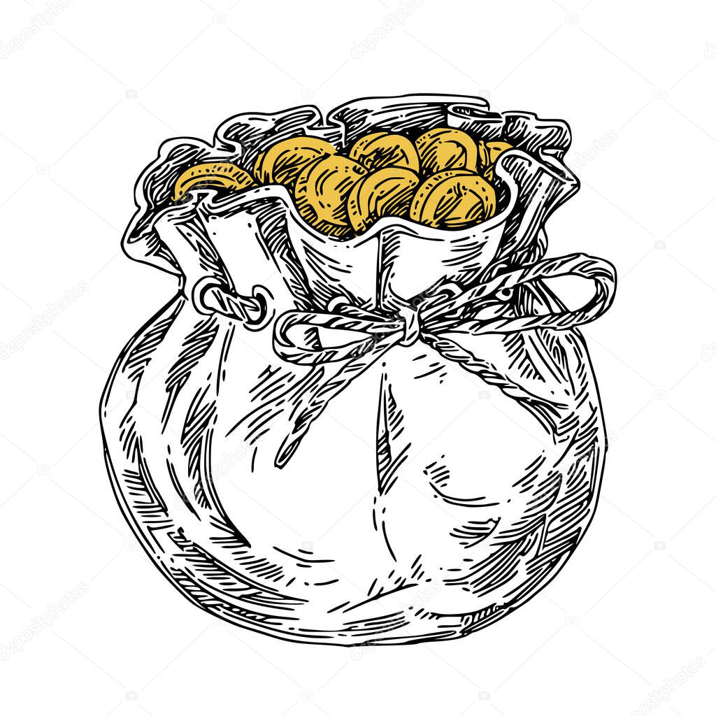 Vintage sack of coins tied with rope. 