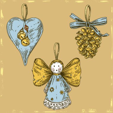 Vintage Noel ağacı oyuncak ayarlayın. Çanlı kalp, koni ve ange. Renkli kart.