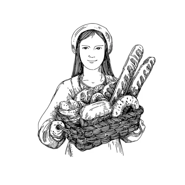 Bageri. Flicka som håller en korg av utsökt färskt bröd . — Stock vektor