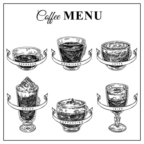 Vintage menu. Different types of coffee preparation. Espresso, americano, latte, mocha, cappuccino and coffee Irish. — Stock Vector