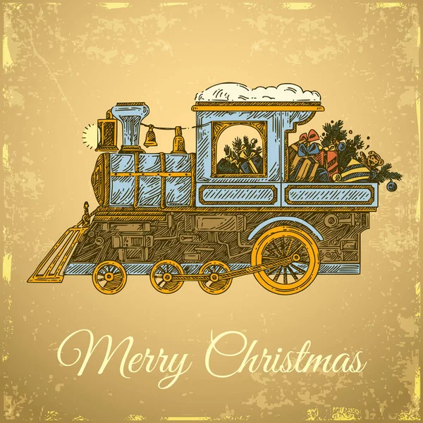 Vintage color card. Christmas train with gifts and toys. — Stock Vector