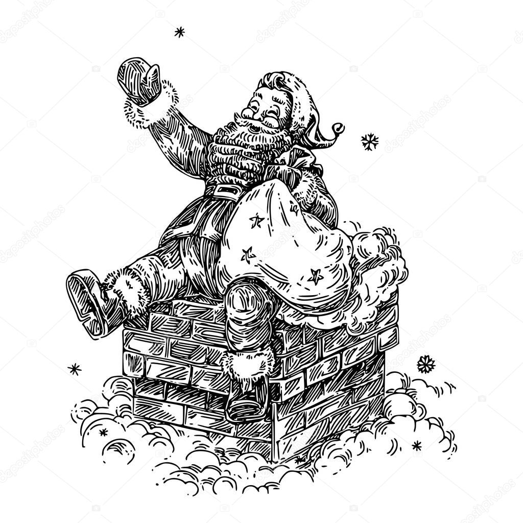 Santa Claus with bag of gifts sitting on chimney.