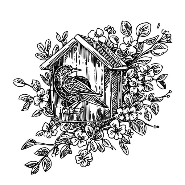 Fågelhus med Starling i blommande grenar. — Stock vektor