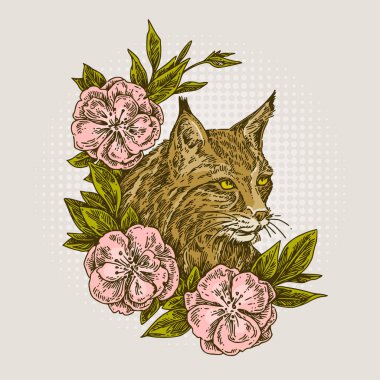 Vaşak ve çiçekli dallar. Renk.