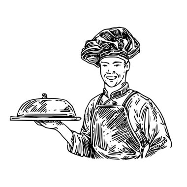 Bir tepsi yemek tutan bir kapak içinde aşçı portresi. 