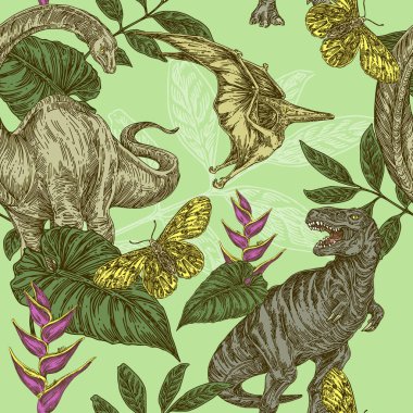 Dinozorlar, kelebekler, tropik yaprakları ve heliconia çiçekleri ile güzel vintage renk arka plan