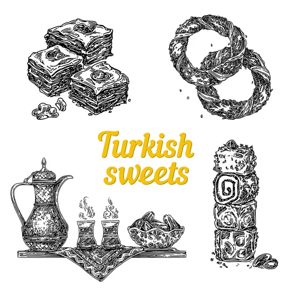 Türk tatlıları. Vaklava, simit, lokum ve çay seti ile tepsi. 