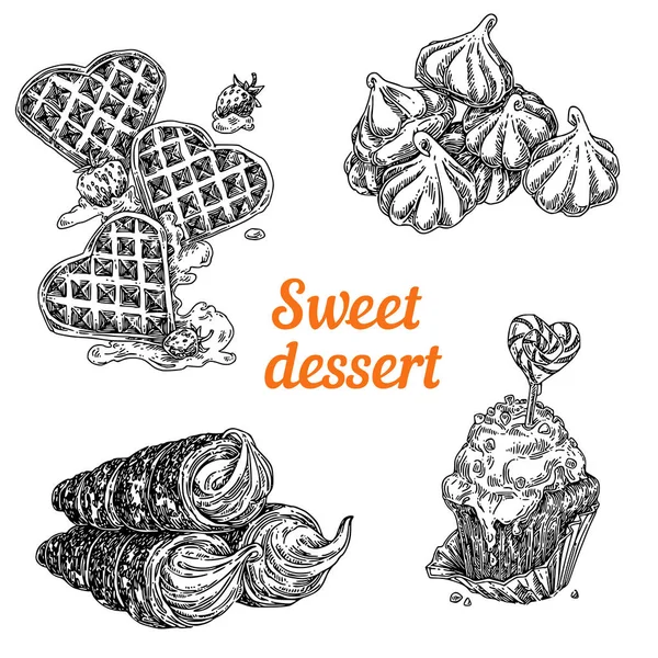 Set zoete desserts. wafels, meringues, crème hoorns en muffin — Stockvector