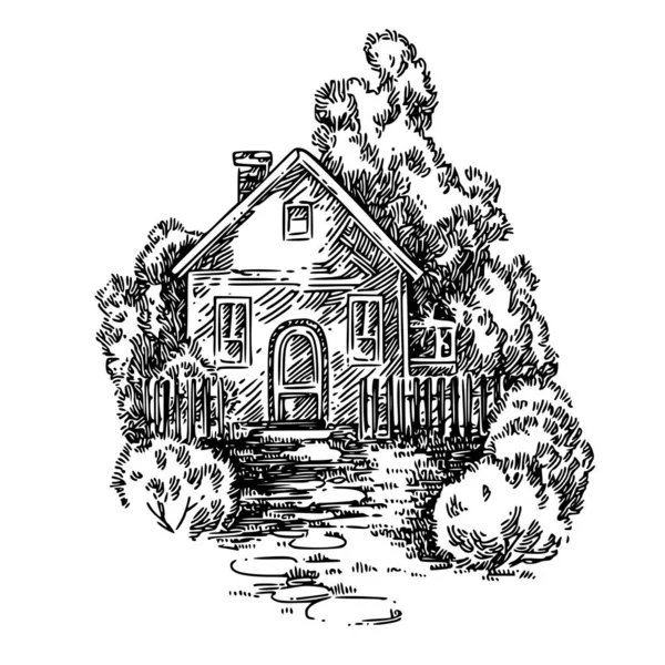 Деревенский дом с садом, забором и дорожкой . — стоковый вектор