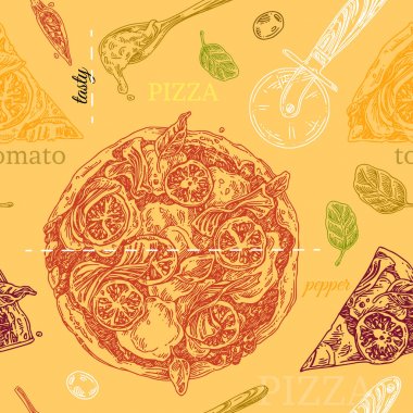 Vintage renk dikişsiz desen. Lezzetli pizza. 