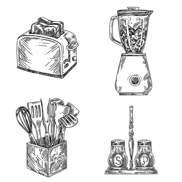 Conjunto de ferramentas de cozinha. Torradeira, liquidificador, utensílios de mesa em caixa de madeira e sal com pimenta . — Vetor de Stock