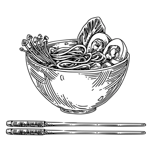 Un tazón de sopa china ramen y palillos . — Archivo Imágenes Vectoriales