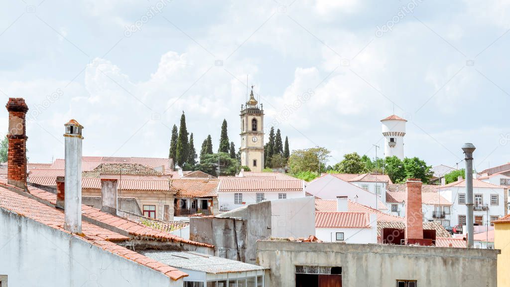 View of Almeida, Portuguese village. Towers and crosses on the town's skyline.