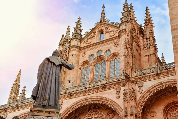 Standbeeld van een priester voor de kathedraal van Salamanca, Spanje — Stockfoto