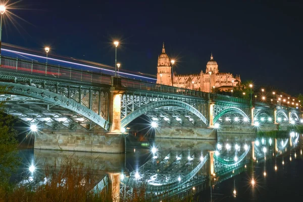 Se fra elvebredden av Salamanca-katedralen og broen – stockfoto