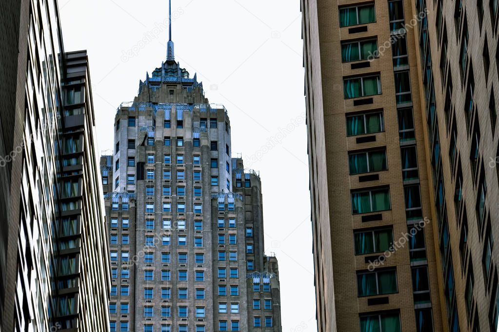 Skyscrapers of New York City, from the street. Looking up.