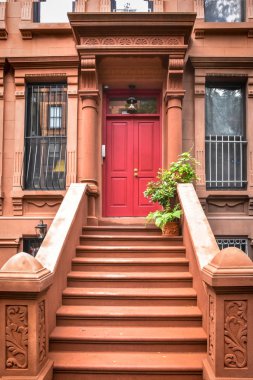Ana merdiven ve giriş kapısı. New York Harlem binaları. Kahverengi evler. Nyc, Amerika Birleşik Devletleri.