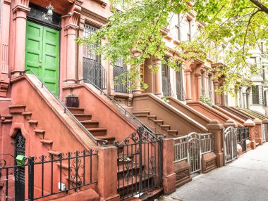 Ana merdiven ve giriş kapısı. New York Harlem binaları. Kahverengi evler. Nyc, Amerika Birleşik Devletleri.