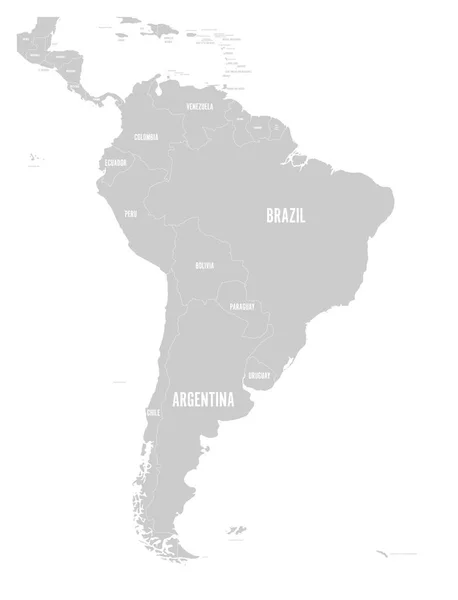 Mapa político de Sudamérica. Simple mapa vectorial plano con etiquetas de nombre de país en gris — Vector de stock
