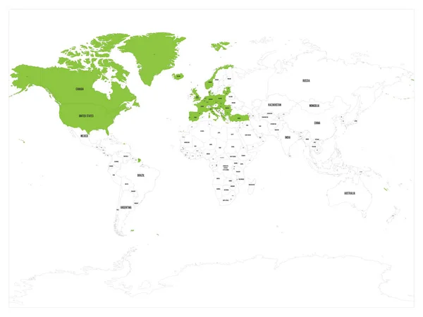 Організація Північноатлантичного договору, НАТО, країни - члени підкреслили зеленим кольором на світовій політичній карті. 29 держав-членів з червня 2017 року. — стоковий вектор