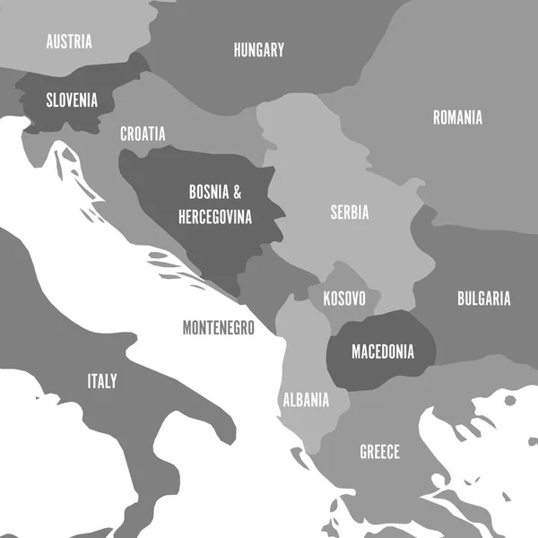 Mapa político de los Balcanes - Estados de la Península Balcánica. Cuatro tonos de ilustración vectorial gris — Archivo Imágenes Vectoriales