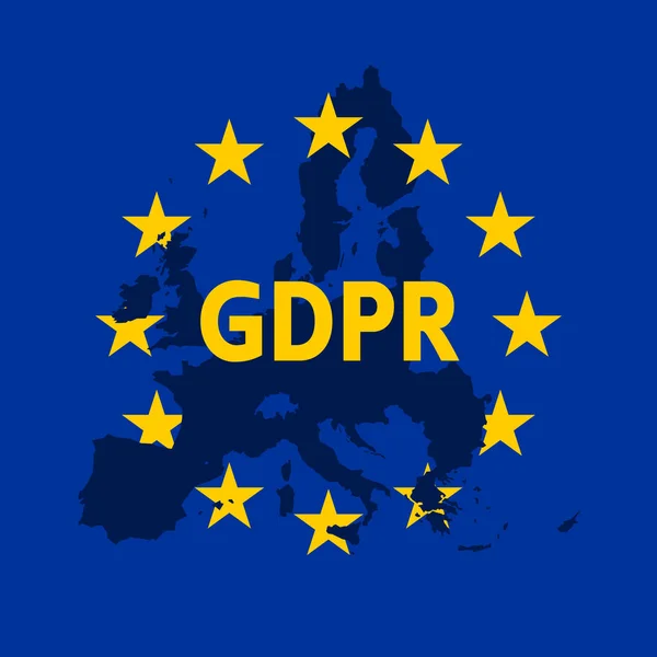 Reglamento general de protección de datos. Bandera de la UE con etiqueta GDPR y silueta de mapa de Europa. Ilustración vectorial — Vector de stock