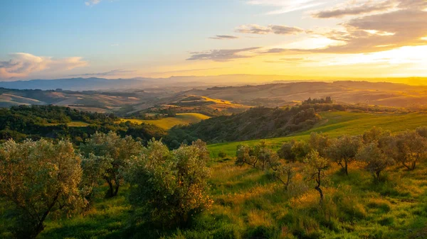 Idyllic evening sunset in Tuscan landscape with green hills, Tuscany, Italy — Stock Photo, Image