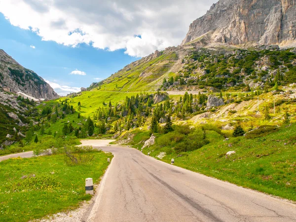 Asphalt road, green meadows and dolomite rocks at Passo Falzarego, Dolomites, Italy — Stock Photo, Image