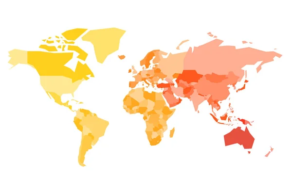 Flerfärgad världskarta. Förenklad politisk karta med landgränser. Färgglada vektor illustration i varma färger — Stock vektor