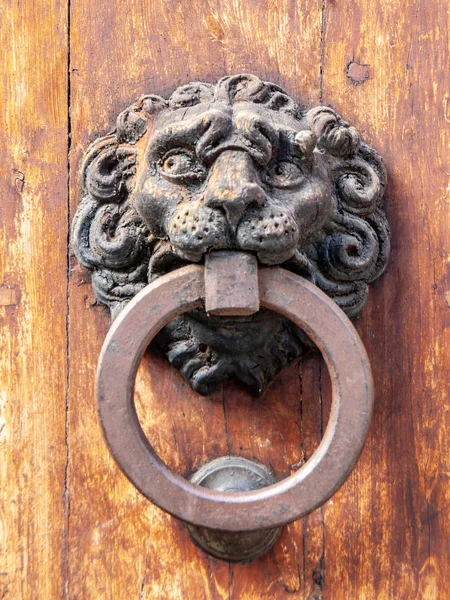 Vintage batedor de porta de metal na velha porta de madeira — Fotografia de Stock