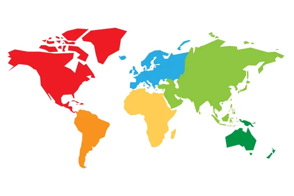 세계 지도는 6 개 대륙으로 나뉘어 있다. 각 대륙마다 색깔이 다르다. 단순 한 평평 한 벡터 삽화 — 스톡 벡터