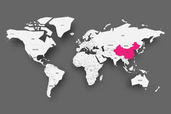 China rosa in der Weltkarte hervorgehoben. hellgraue vereinfachte Karte mit fallendem Schatten auf dunkelgrauem Hintergrund. Vektorillustration — Stockvektor