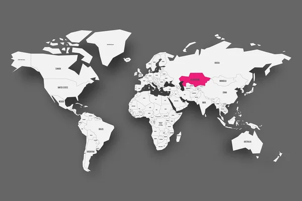 Kazajstán rosa resaltado en el mapa de Mundo. Mapa simplificado gris claro con sombra caída sobre fondo gris oscuro. Ilustración vectorial — Vector de stock