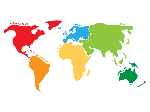 Carte du monde multicolore divisée en six continents en différentes couleurs - Amérique du Nord, Amérique du Sud, Afrique, Europe, Asie et Australie. Carte vectorielle de silhouette simplifiée avec étiquettes de noms de continent — Image vectorielle