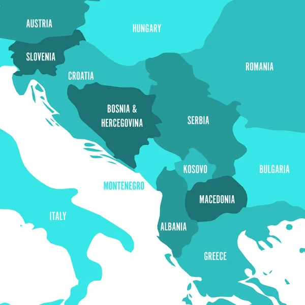 Mapa político dos Balcãs - Estados da Península Balcânica. Quatro tons de azul turquesa ilustração vetorial — Vetor de Stock