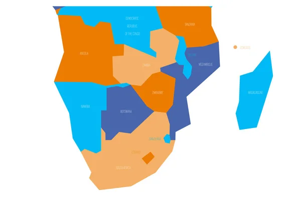 Politische Karte der südafrikanischen Region. vereinfachte schematische Vektorkarte in vier Farben — Stockvektor