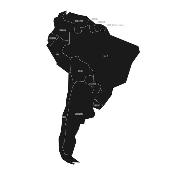Carte schématique simplifiée de l'Amérique du Sud. Carte politique vectorielle en contraste élevé avec le noir et blanc — Image vectorielle